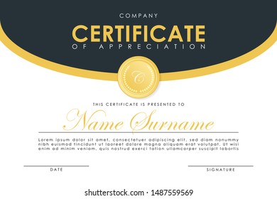 Certificate template in elegant dark blue colors with golden medal. Certificate of appreciation, award diploma design template. Vector