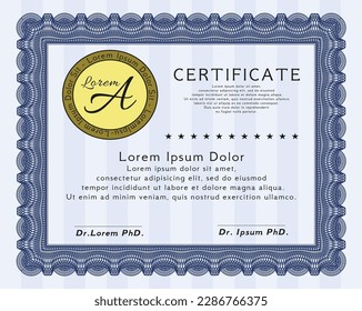Certificate template.  Elegant design.  With great quality guilloche pattern.  Vector illustration.  Blue color.