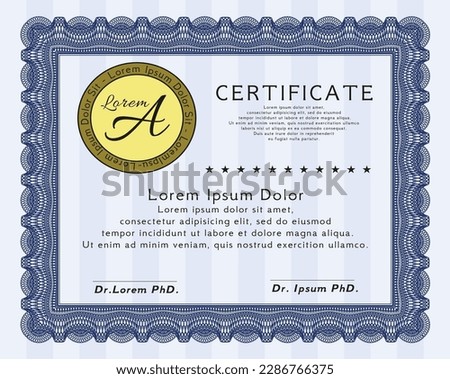 Certificate template.  Elegant design.  With great quality guilloche pattern.  Vector illustration.  Blue color.