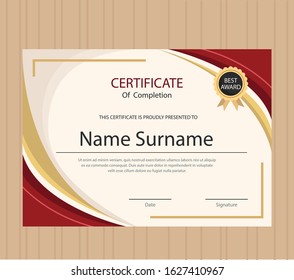 Certificate template in elegant red colors with golden medal.