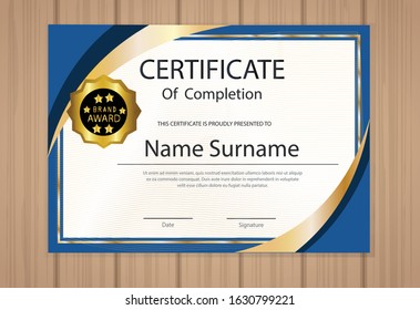Certificate template in elegant red colors with golden medal.