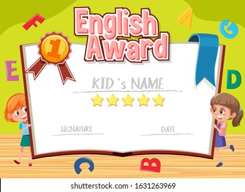 Certificate template for english award with alphabets in background illustration