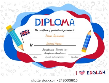 Plantilla de certificado para el premio de inglés con alfabetos en el fondo. Plantilla de diseño de fondo del certificado del diploma de niños preescolares. Certificado de diploma de los niños. ilustración vectorial