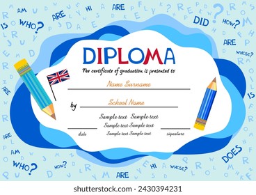 Certificate template for english award with alphabets in background. Preschool Kids Diploma certificate background design template. Certificate of kids diploma. vector illustration