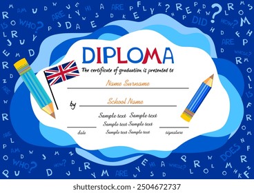 Certificate template for english award with alphabets in background. Preschool Kids Diploma certificate background design template. Certificate of kids diploma. Vector illustration