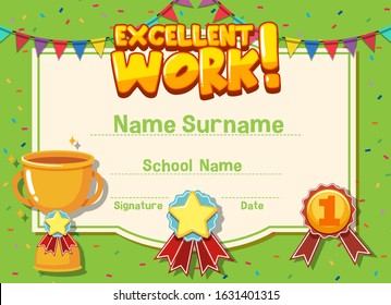 Certificate Template For Excellent Work With Trophy In Background Illustration