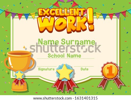 Certificate template for excellent work with trophy in background illustration