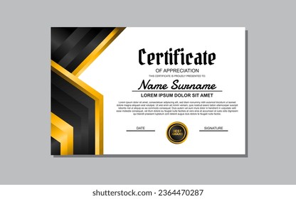 A certificate template featuring an elegant gold and black design. Suitable for creating professional certificates for awards, achievements, and recognition in various industries.