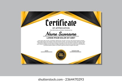 A certificate template featuring an elegant gold and black design. Suitable for creating professional certificates for awards, achievements, and recognition in various industries.