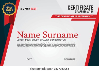 Certificate template in flat style, red and grey color