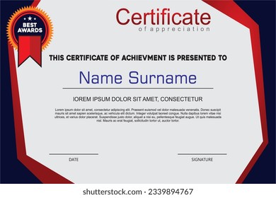 Certificate Template in flat style, red and grey color shapes