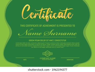 Certificate template in flexible green shape curve vertical style, olg green background color