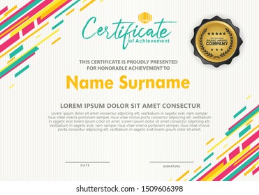 Certificate template with futuristic colorful lines ornament and texture modern pattern background, diploma, Vector illustration