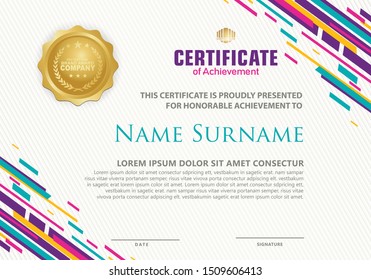 Certificate template with futuristic colorful lines ornament and texture modern pattern background, diploma, Vector illustration