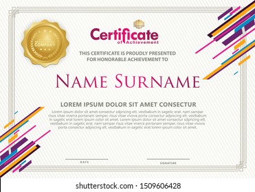 Certificate template with futuristic colorful lines ornament and texture modern pattern background, diploma, Vector illustration