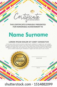 Certificate template with futuristic colorful lines ornament and texture modern pattern background, diploma, Vector illustration