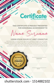 Certificate template with futuristic colorful lines ornament and texture modern pattern background, diploma, Vector illustration