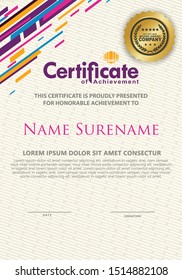 Certificate template with futuristic colorful lines ornament and texture modern pattern background, diploma, Vector illustration