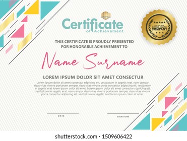 Certificate template with futuristic colorful triangle lines composition ornament and texture modern pattern background, diploma, Vector illustration