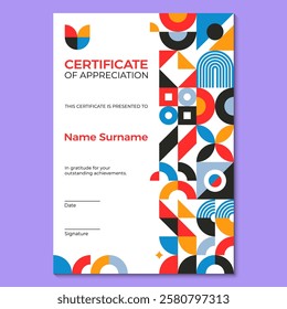 Certificate template with geometric pattern. Vector stylish vertical diploma with vibrant shapes and colors or white background. Award, recognition frame or official document of appreciation and honor