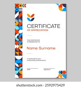 Certificate template with geometric pattern. Vector stylish vertical diploma with vibrant shapes and colors or white background. Award, recognition frame or official document of appreciation and honor