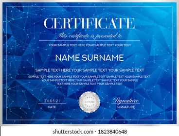 Certificate template with geometric poly pattern (triangle shape texture), silver frame and curved digital lines. Abstract blue technology background for Diploma, modern award design