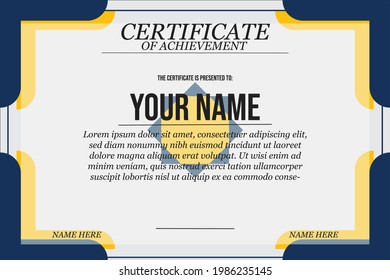 Certificate template with geometry blue and yellow frame and badge on white background. Design for Diploma, certificate of appreciation or award