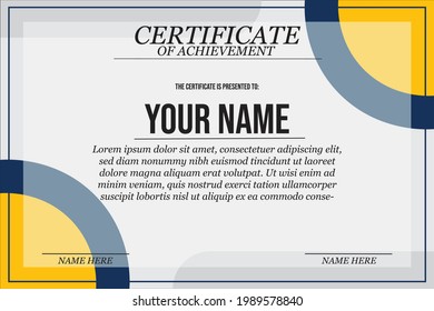 Certificate template with geometry blue and yellow frame and badge on white background. Design for Diploma, certificate of appreciation or award