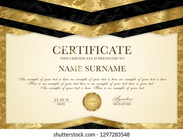 Certificate Template With Geometry Frame And Gold Badge. Gold Background Design For Diploma, Certificate Of Appreciation, Achievement, Completion, Of Excellence, Award