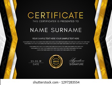 Certificate template with geometry frame and gold badge. Black background design for Diploma, certificate of appreciation, achievement, completion, of excellence, award