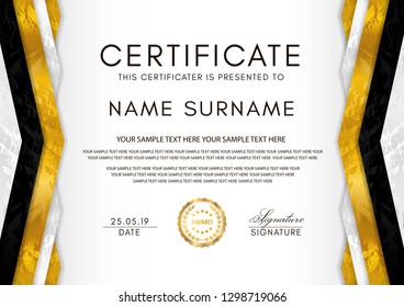 Certificate template with geometry frame and gold badge. White background design for Diploma, certificate of appreciation, achievement, completion, of excellence, award