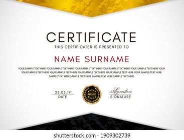 Certificate template with geometry gold and black frame and badge on white background. Design for Diploma, certificate of appreciation or award