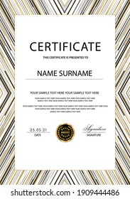 Certificate Template With Geometry Gold, Black, Silver Line Frame And Badge On White Background. Design For Diploma, Certificate Of Appreciation Or Award