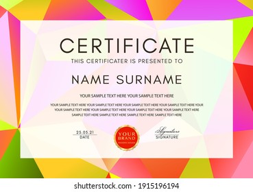 Certificate template with geometry polygon pattern (triangle texture) frame on background. Design for Diploma, certificate of appreciation or award