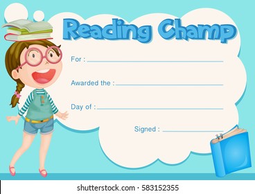 Certificate template with girl and book background illustration