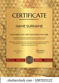 Certificate template. Gold background design for Diploma, certificate of appreciation, certificate of achievement, certificate of completion, of excellence, of attendance template, award template