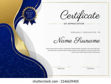 Plantilla de certificado de color azul dorado con formas geométricas abstractas y decoración de borde de textura. Demanda para premio de negocios, diploma de educación, honor corporativo y mucho más