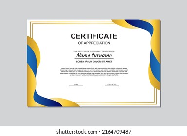 certificate template in gold and blue color with modern style.