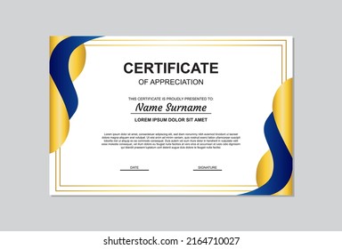certificate template in gold and blue color with modern style.