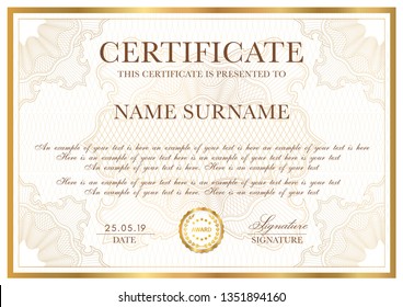 Certificate template. Gold border with Guilloche pattern for Diploma, deed, certificate of appreciation, achievement, any award design