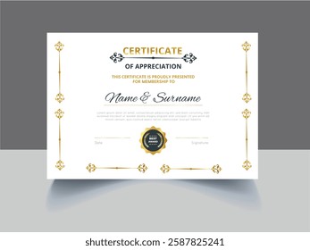 Certificate template with gold border and ornate design
