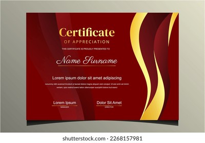 Plantilla de certificado de apreciación, dorado y color rojo. Certificado moderno limpio con insignia de oro. Plantilla de borde de certificado con diseño de línea de lujo y moderno. Plantilla vectorial de Diploma