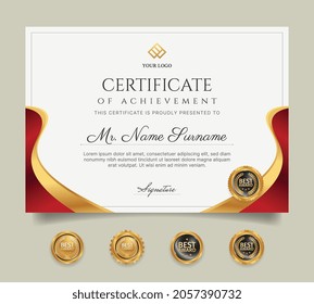 Certificate template with gold and red ribbon and badges