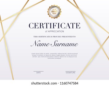 Certificate template with golden decoration element. Design diploma graduation, award. Vector illustration.