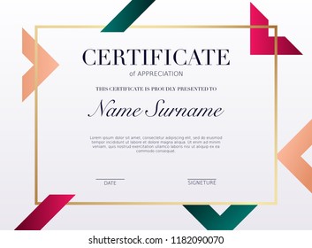 Certificate template with golden decoration element. Design diploma graduation, award. Vector illustration.