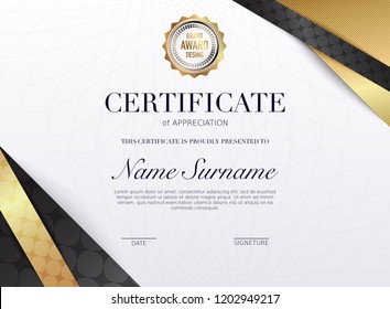 Certificate template with golden decoration element. Design diploma graduation, award. Vector illustration.