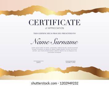 Certificate template with golden decoration element. Design diploma graduation, award. Vector illustration.