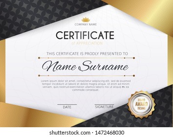 Certificate template with golden decoration element. Design diploma graduation, award. Vector illustration.