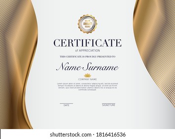 Certificate template with golden decoration element. Design diploma graduation, award. Vector illustration.