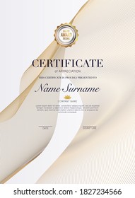 Certificate template with golden decoration element. Design diploma graduation, award. Vector illustration.